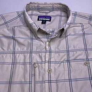 Patagonia Gallegos Shirt M Mens L/S Button Up Beige Windowpane 54275 VGUC